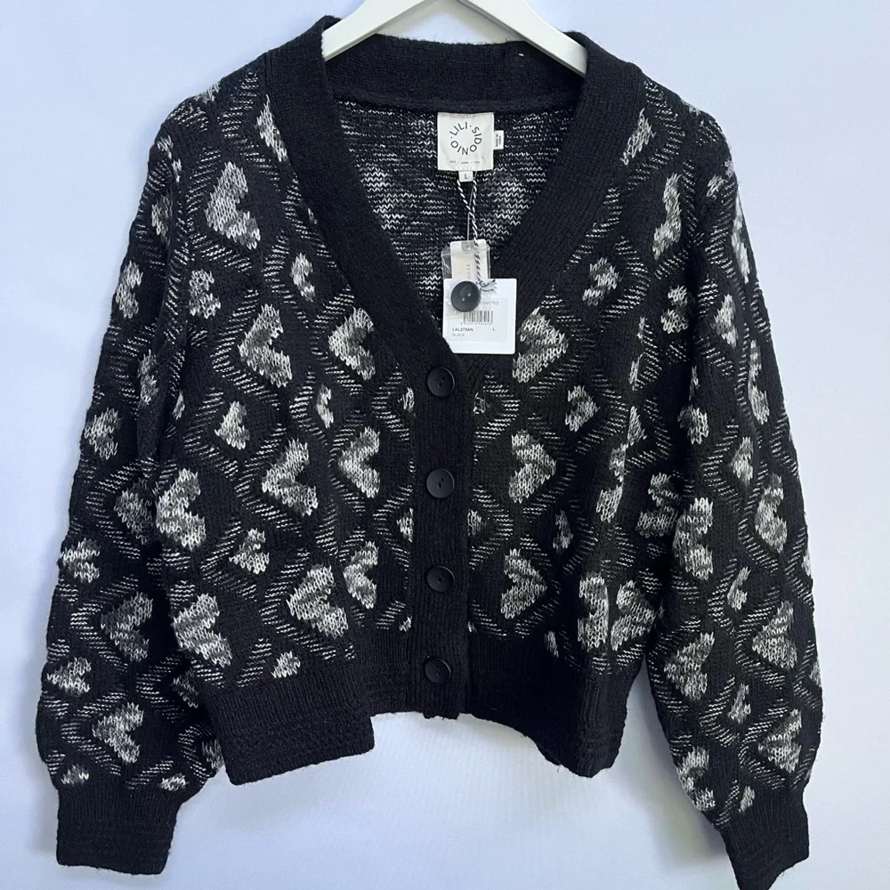 NWT Anthropologie Lili Sidonio x Molly  Hearts  Black/ White Cardigan, L